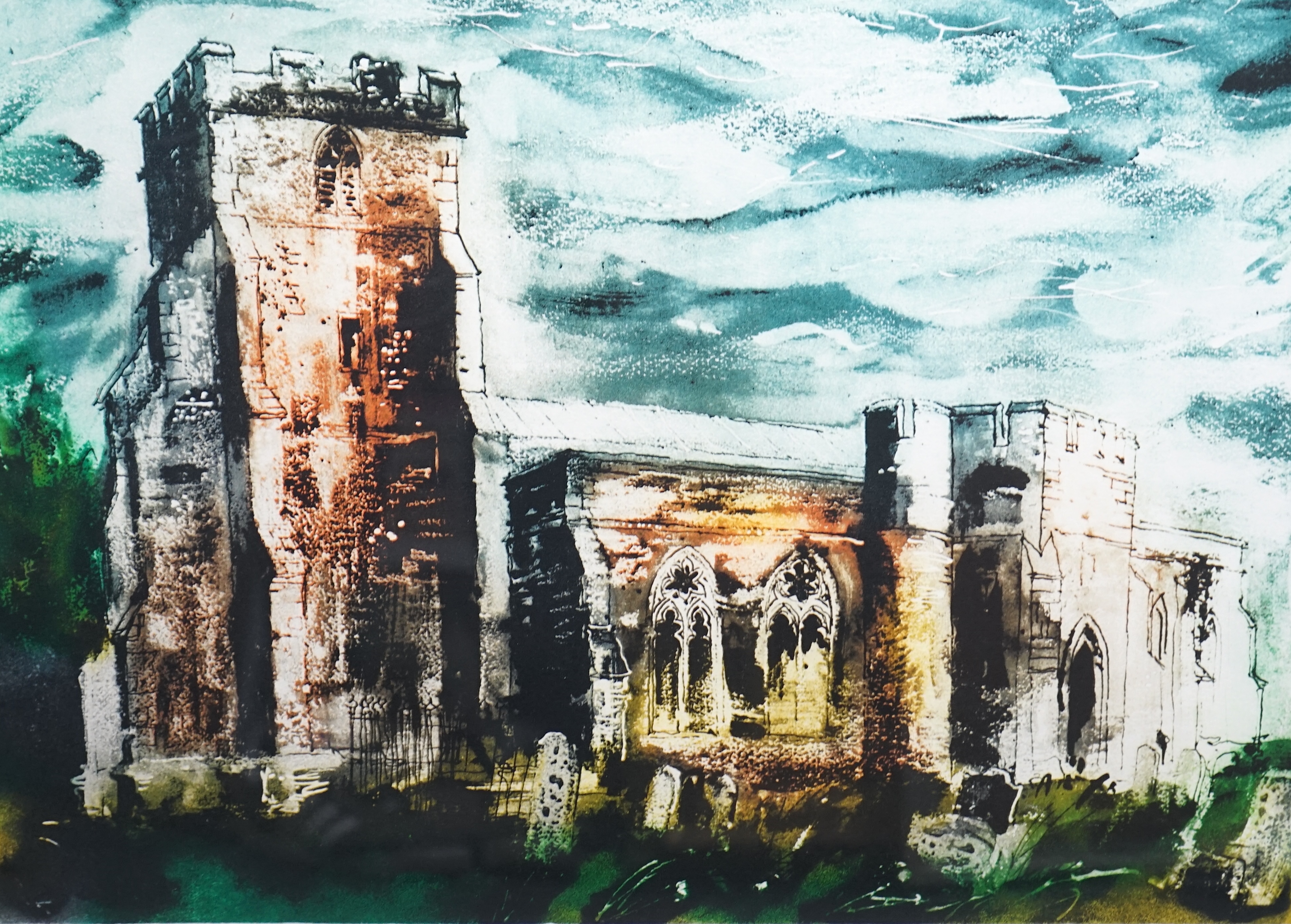 John Piper (British, 1903-1992), 'Ivy Church, Romney Marsh', etching with aquatint 1983, 45 x 62cm